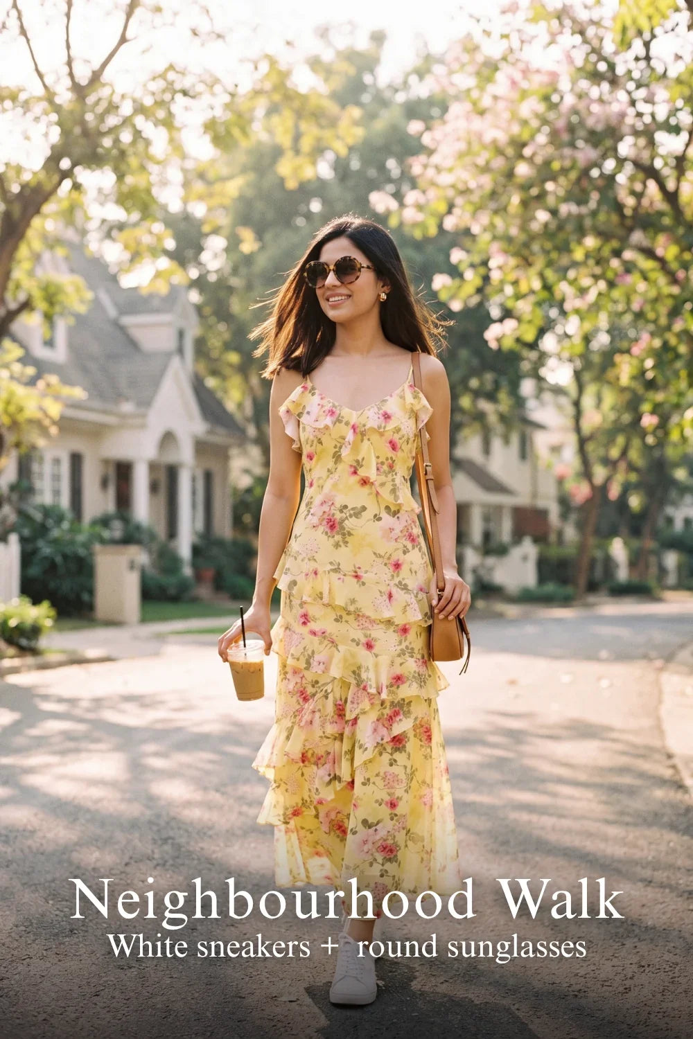 Pretty Pixie tuscan sun ruffle maxi dress for neighbourhood walk.