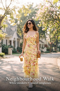 Pretty Pixie tuscan sun ruffle maxi dress for neighbourhood walk.