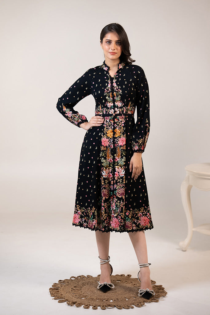 Elegant Twilight Garden dress by Pretty Pixie in black with floral patterns and a cinched waist