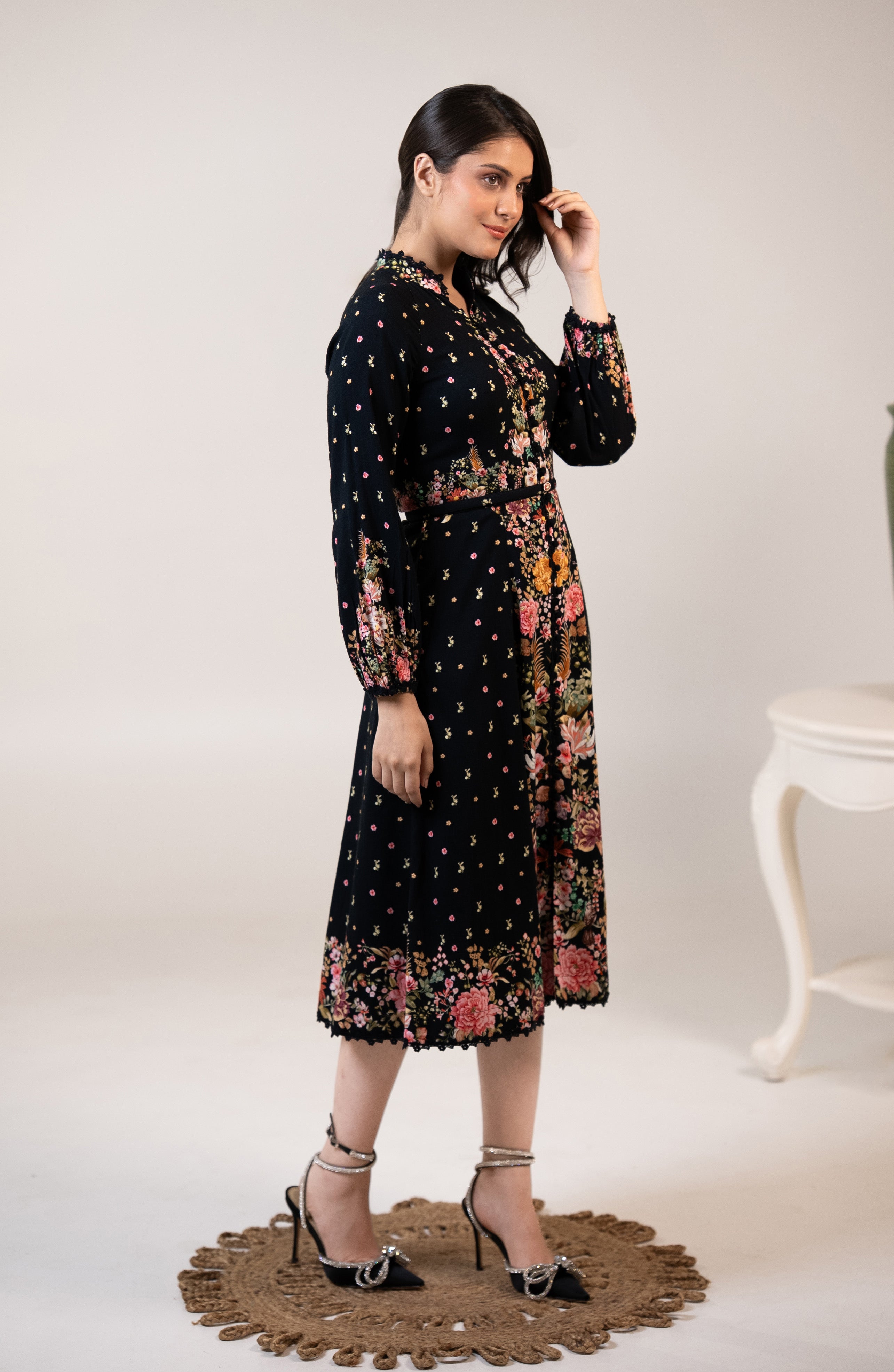 Elegant Twilight Garden dress by Pretty Pixie featuring a floral print and long sleeves