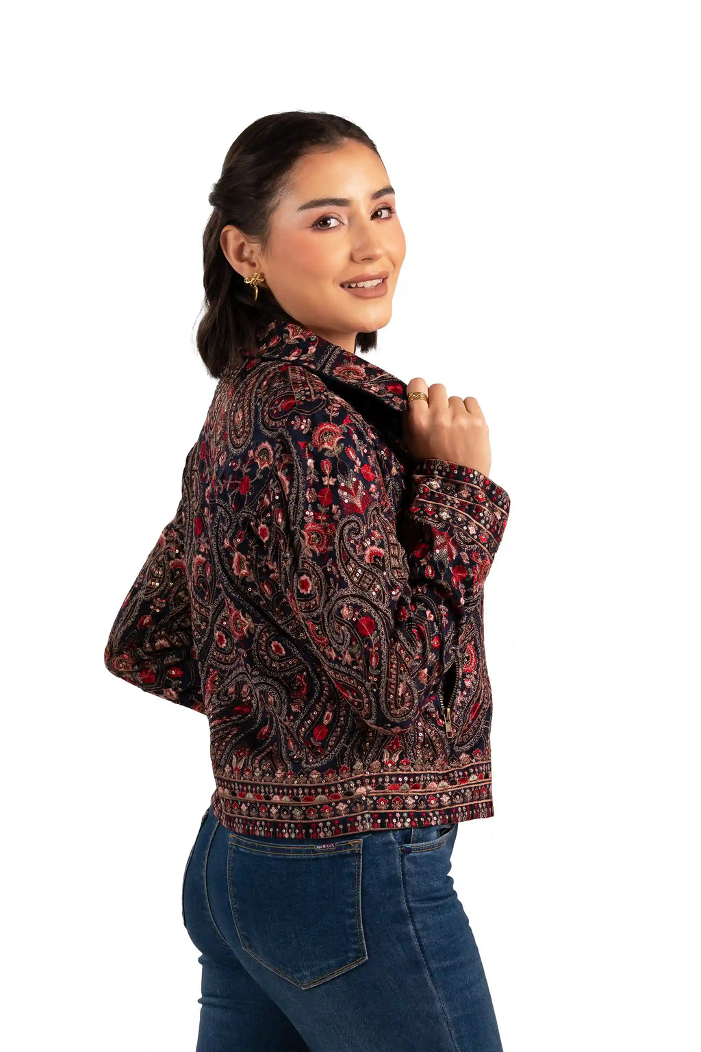 Designer paisley embroidered jacket for women by Pretty Pixie, featuring intricate red and gold motifs, made in India.