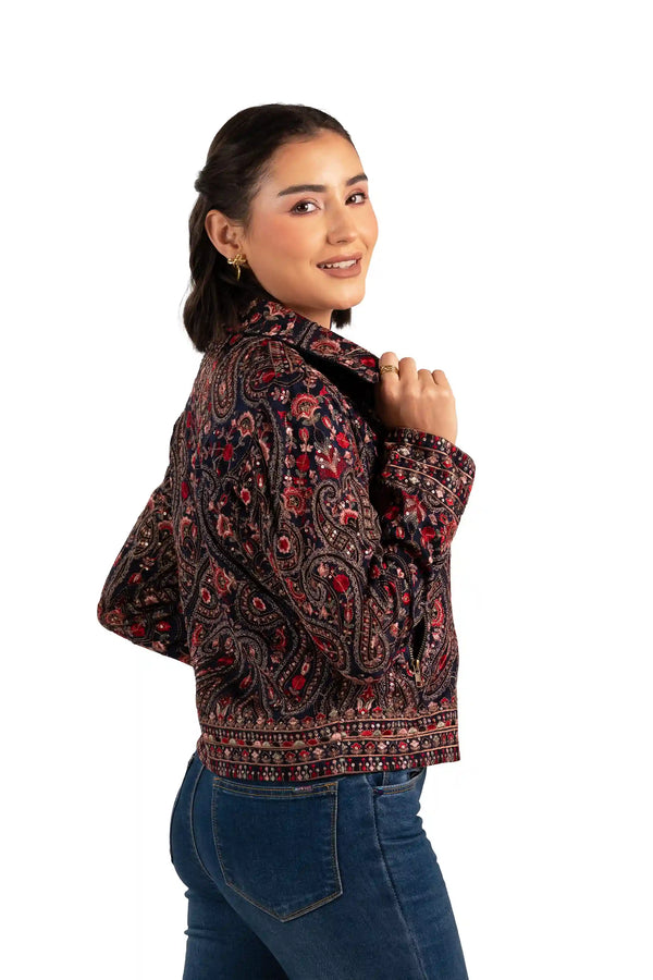 Crimson Paisley Navy Hand Embroidered Biker Jacket — view 2