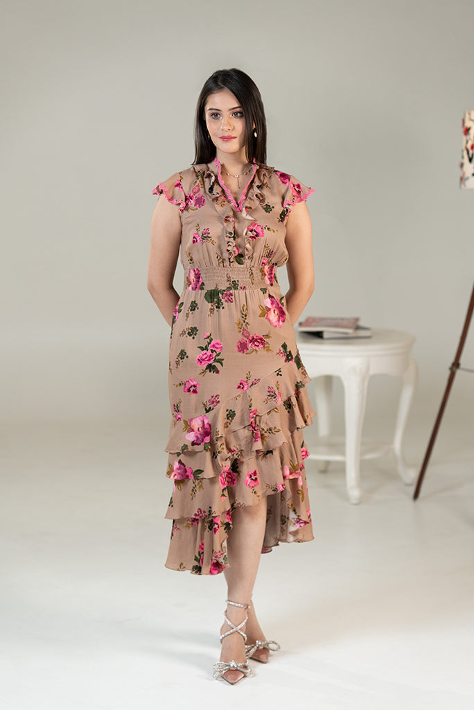 Pretty Pixie Floral Ruffled Dress in Beige with Cap Sleeves and Button Details