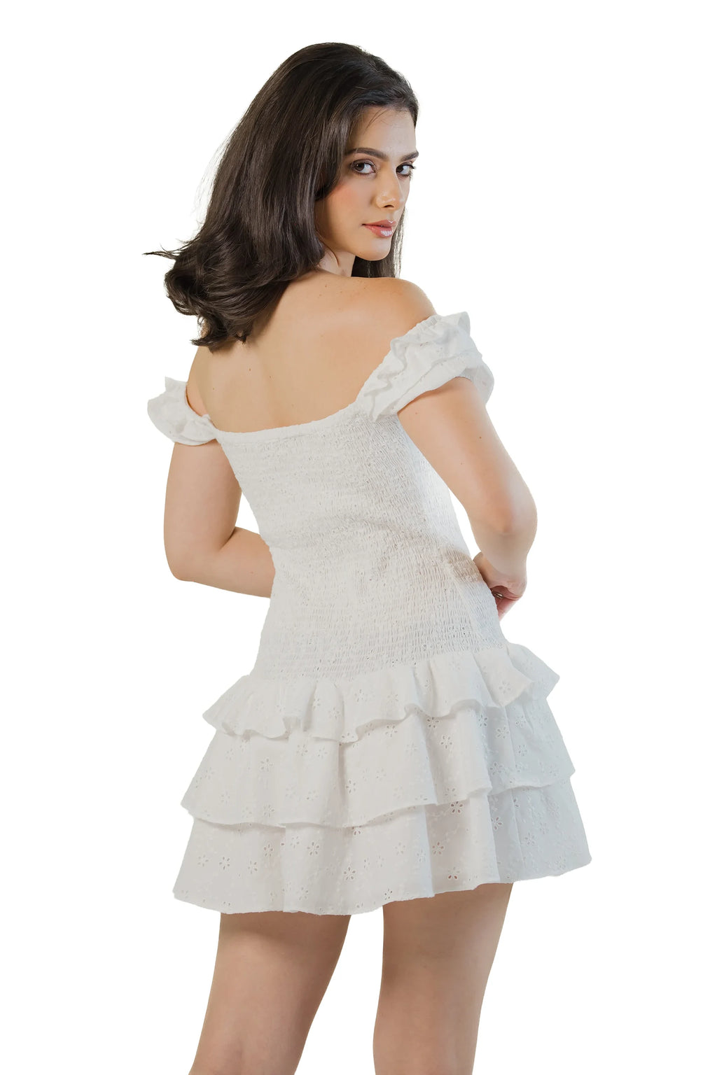 Back angle: white cotton eyelet off-shoulder mini with tiered ruffle skirt