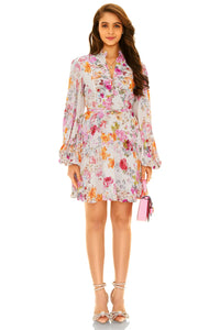 White floral band collar belted mini dress front view