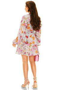 White floral belted mini dress back view