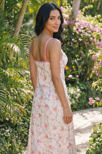 White Floral Bow Print Lace Bustier Slip Maxi Dress