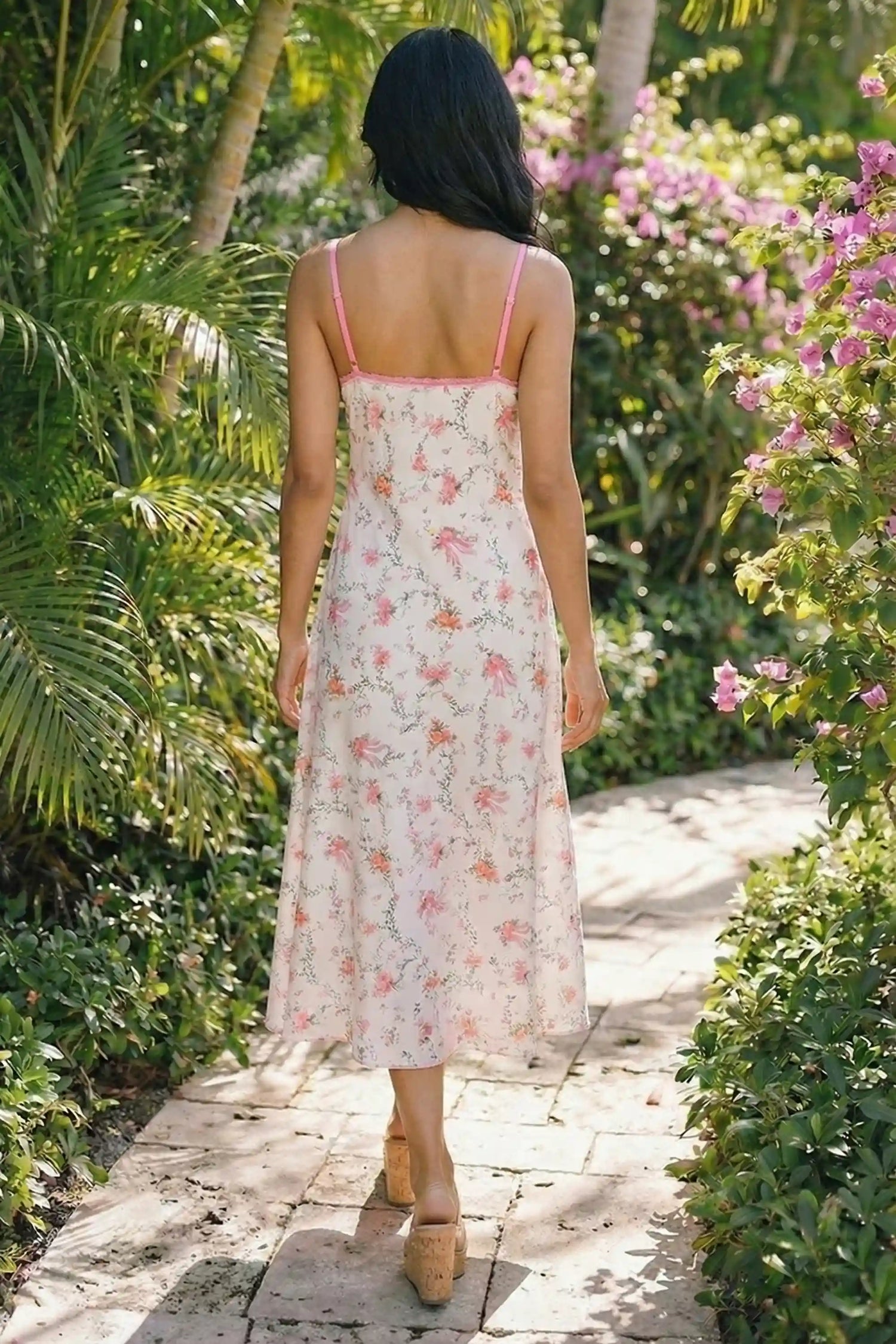 Pretty Pixie white floral bow print lace bustier slip maxi dress back view open halter