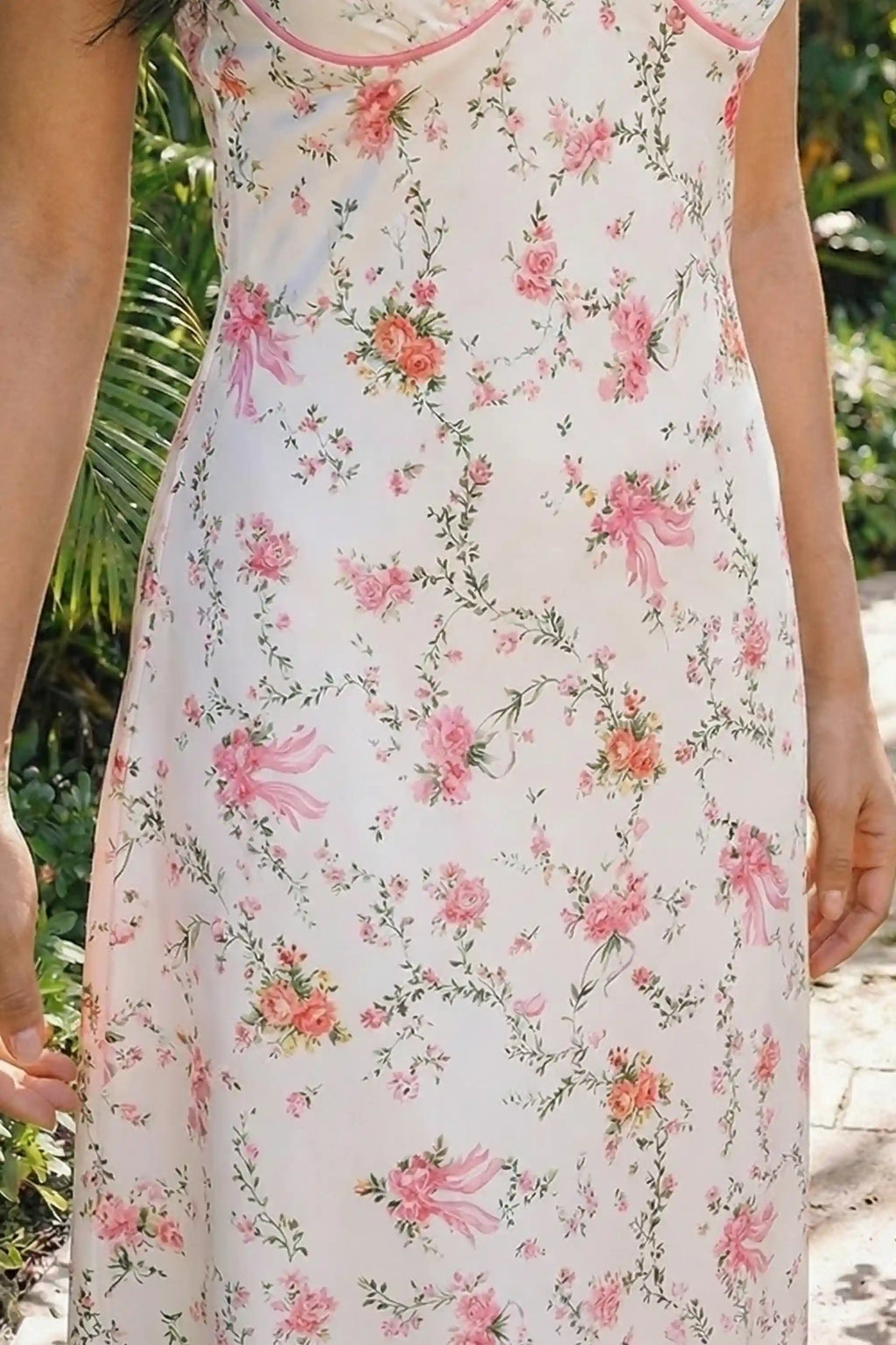 Pretty Pixie white floral bow print lace bustier slip maxi dress side view full length