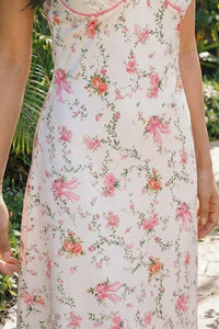 Pretty Pixie white floral bow print lace bustier slip maxi dress side view full length