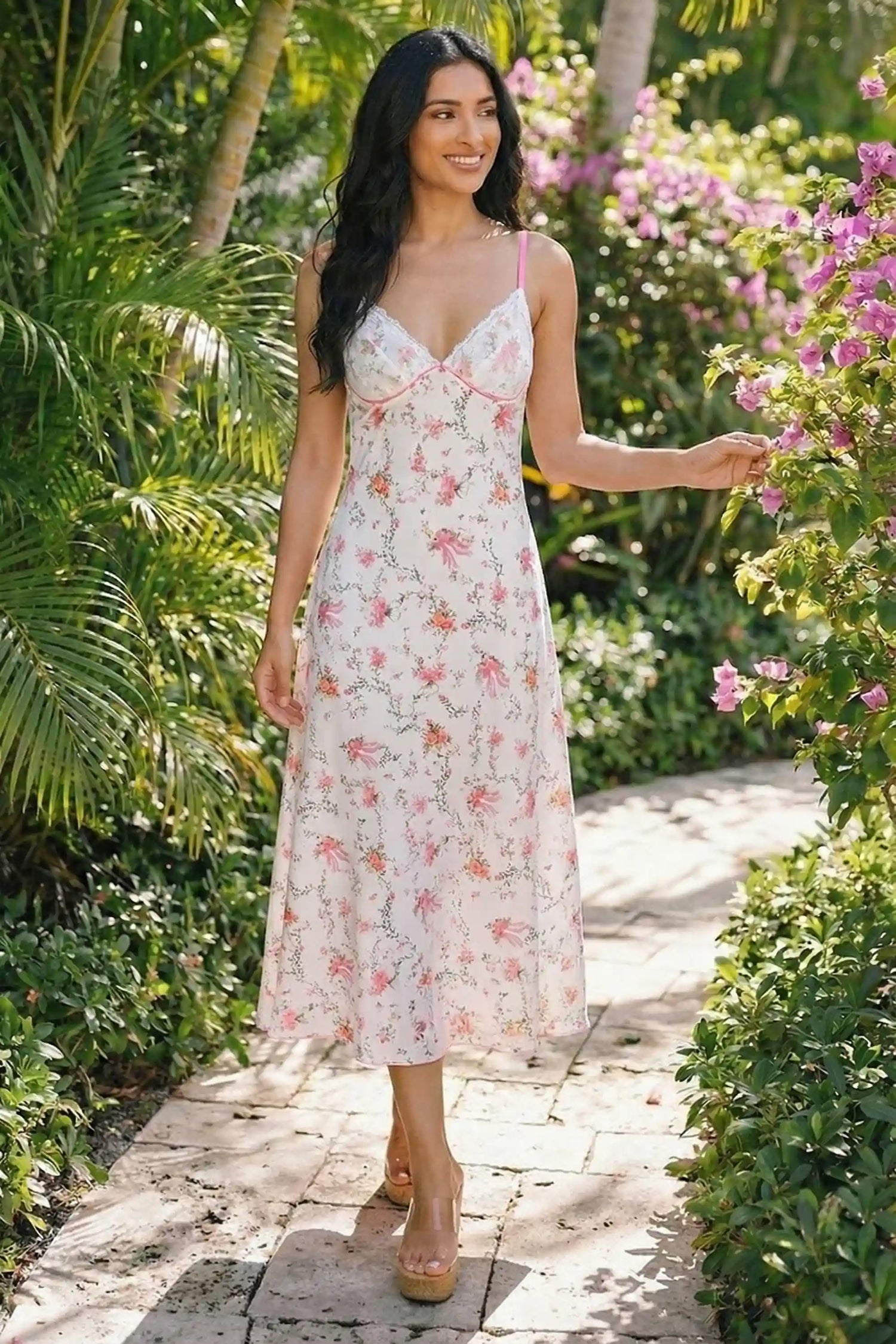 Pretty Pixie white floral bow print lace bustier slip maxi dress front view halter neck