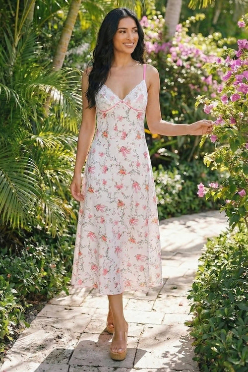 Pretty Pixie white floral bow print lace bustier slip maxi dress front view halter neck