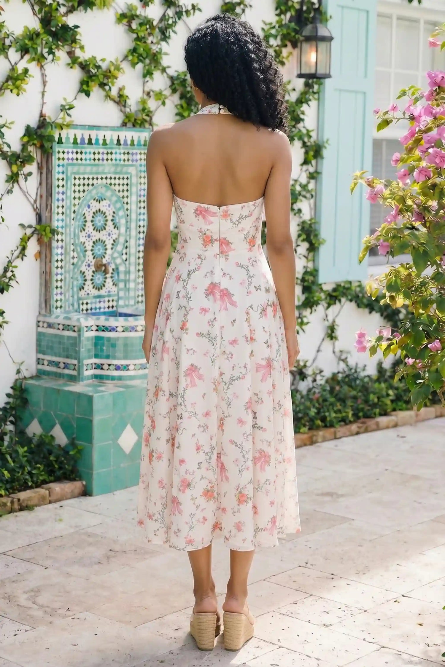 Pretty Pixie white floral bow print halter v-neck midi dress back view open spaghetti