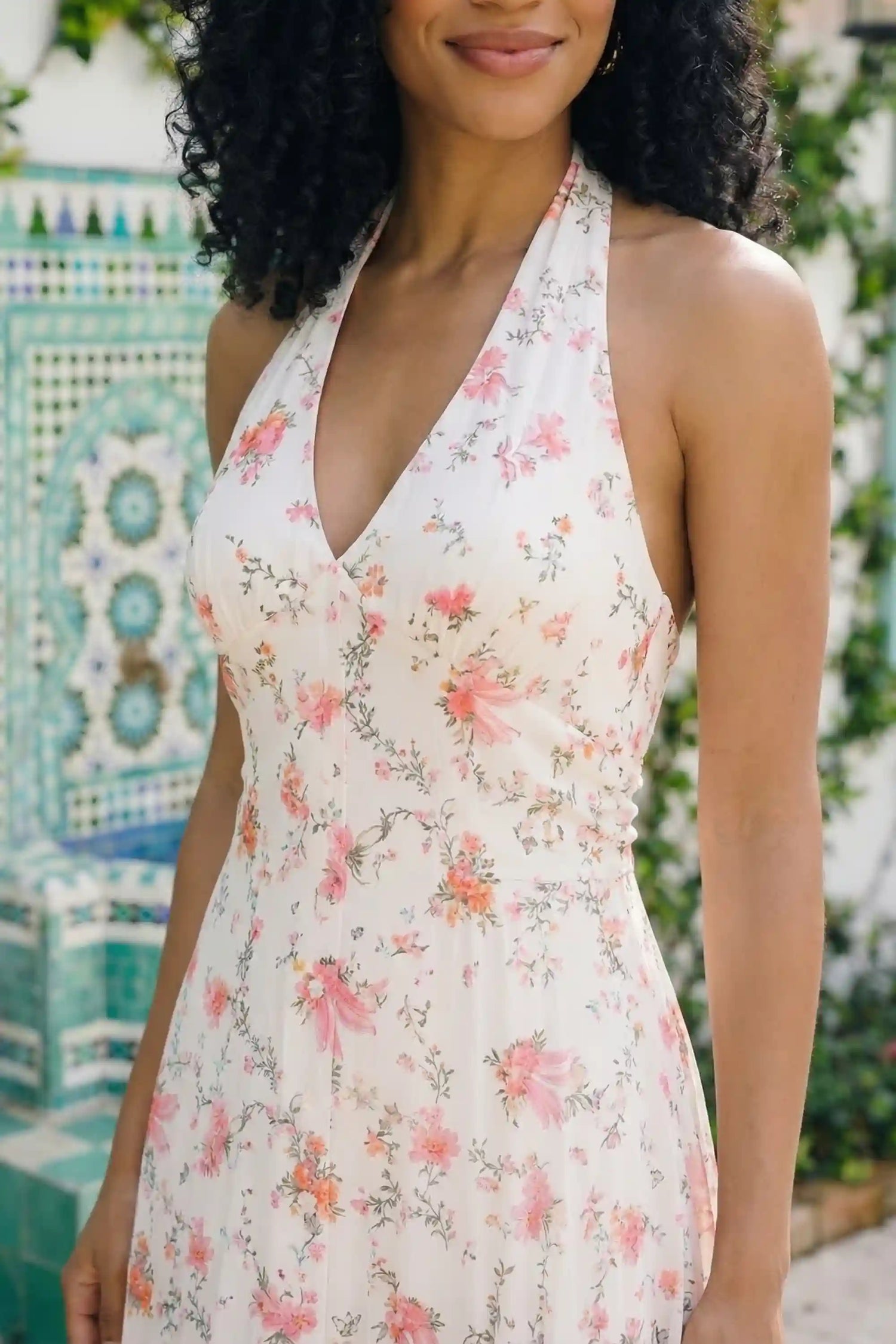 Pretty Pixie white floral bow print halter v-neck midi dress side view bias satin drape