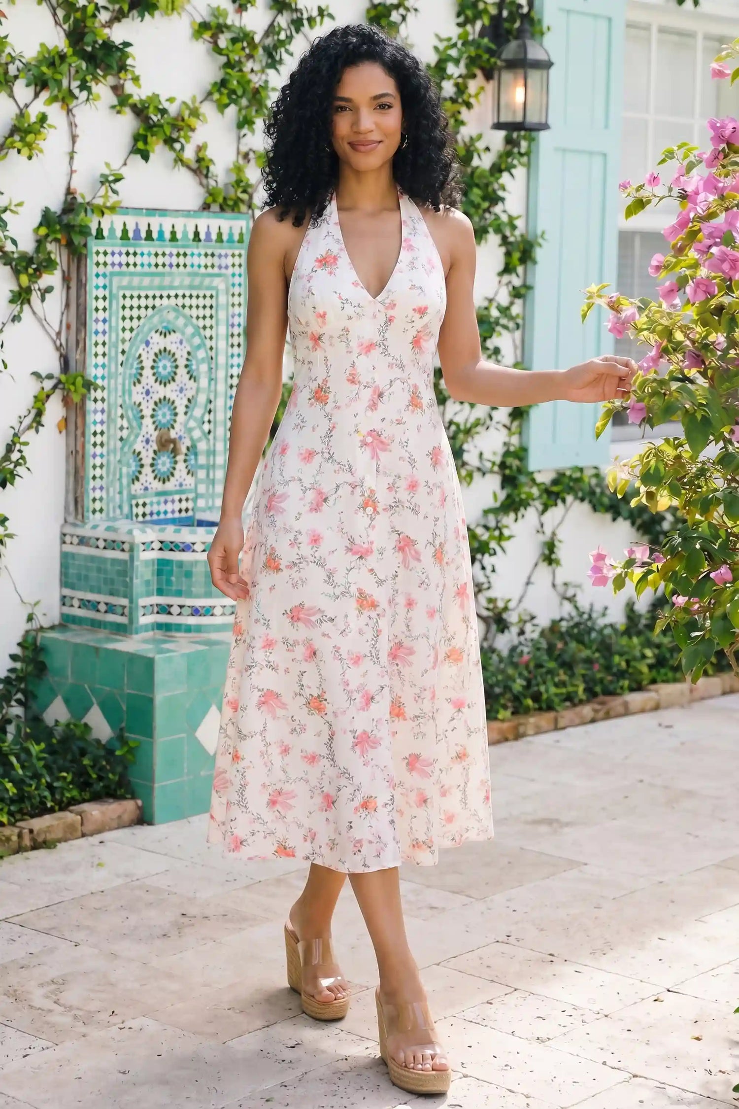 Pretty Pixie white floral bow print halter v-neck midi dress front view lace bustier