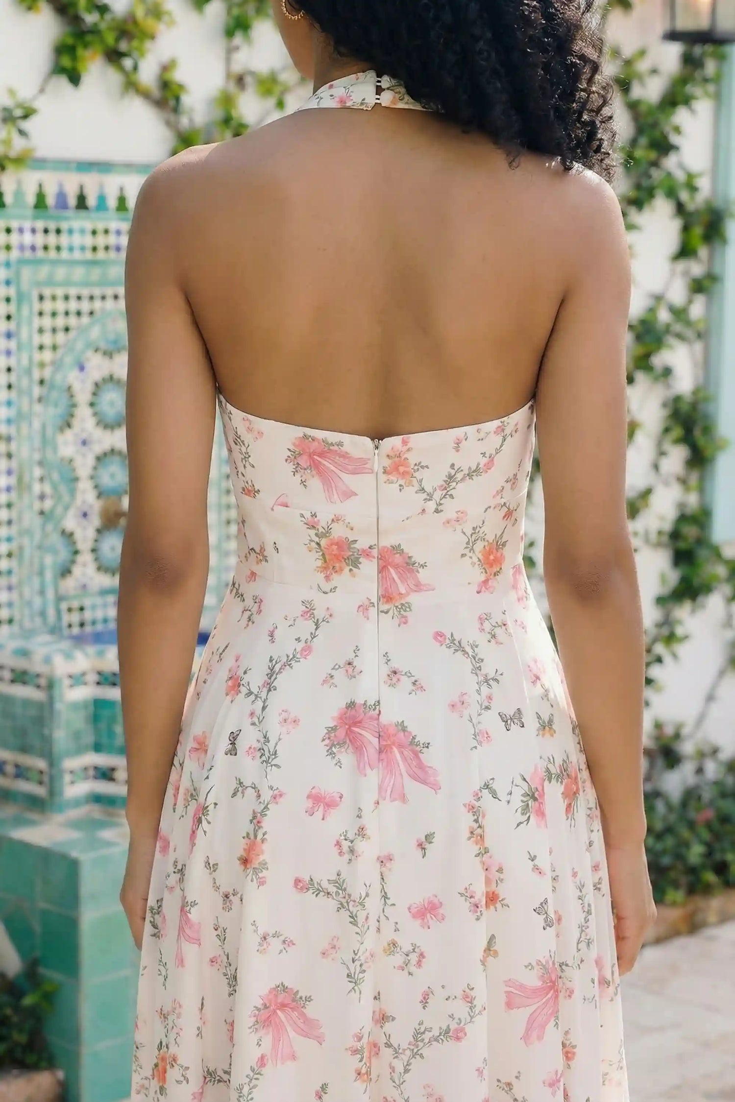 Pretty Pixie white floral halter midi dress detail view lace bustier pink piping print