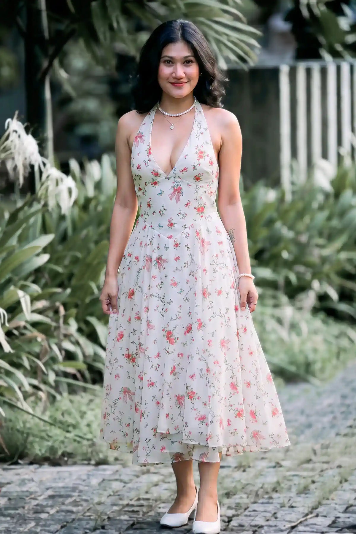 Floral Bow Print Halter V-Neck Midi Dress — white