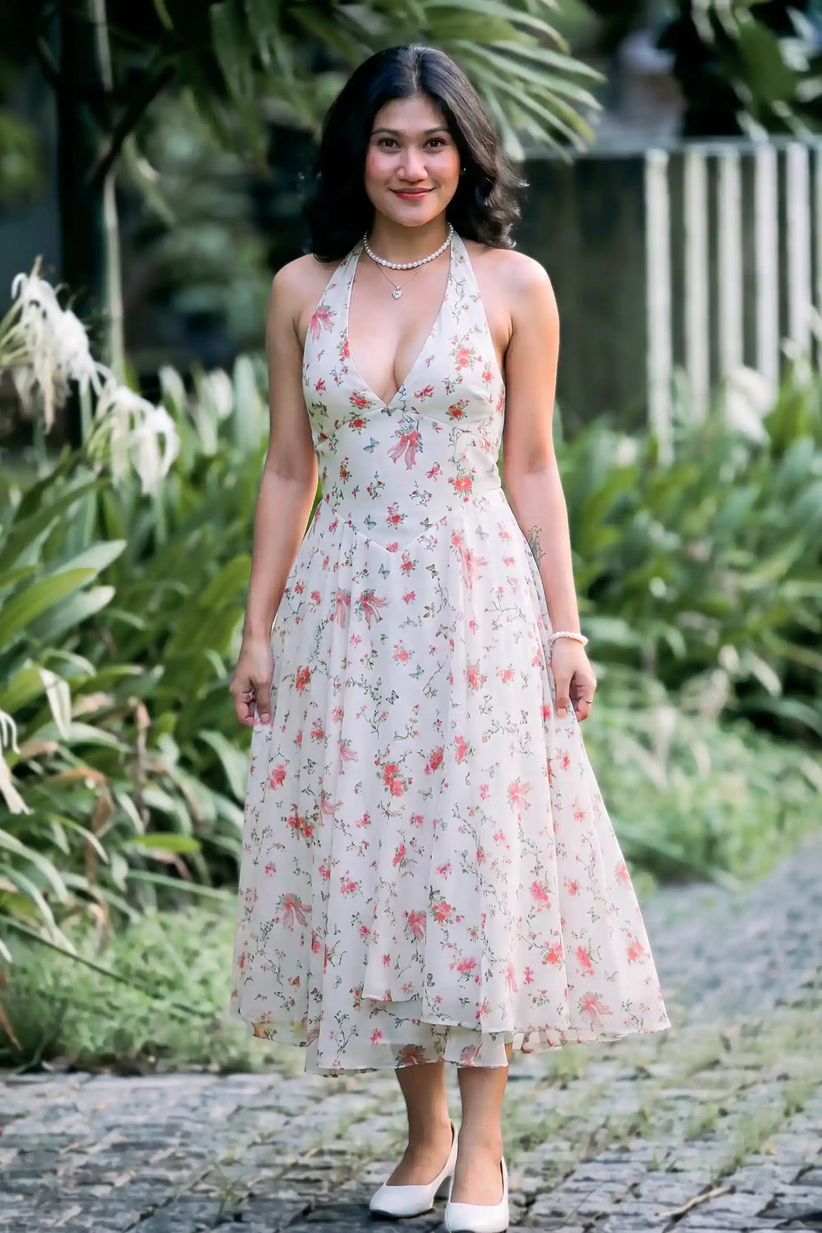 White Floral Halter V-Neck Midi Dress