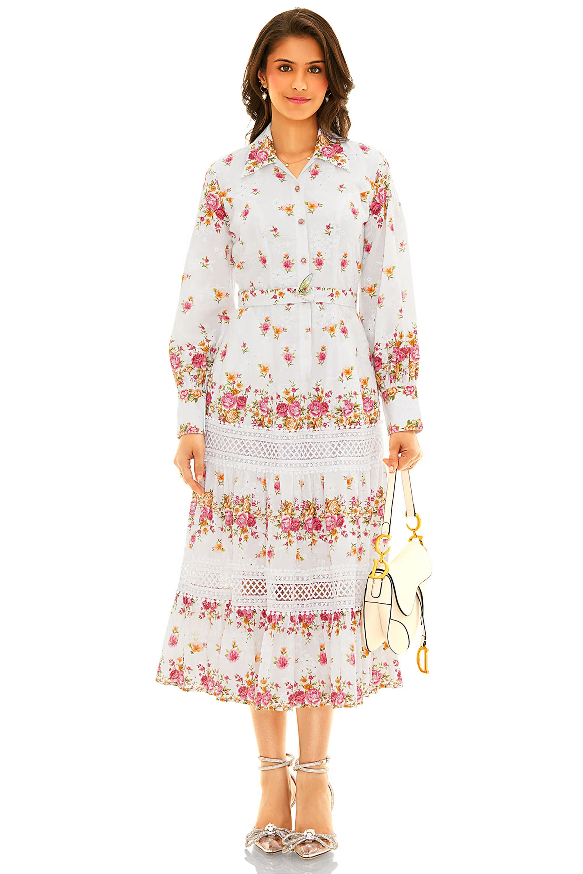 White floral lace tiered midi dress with long sleeves and belt, front view