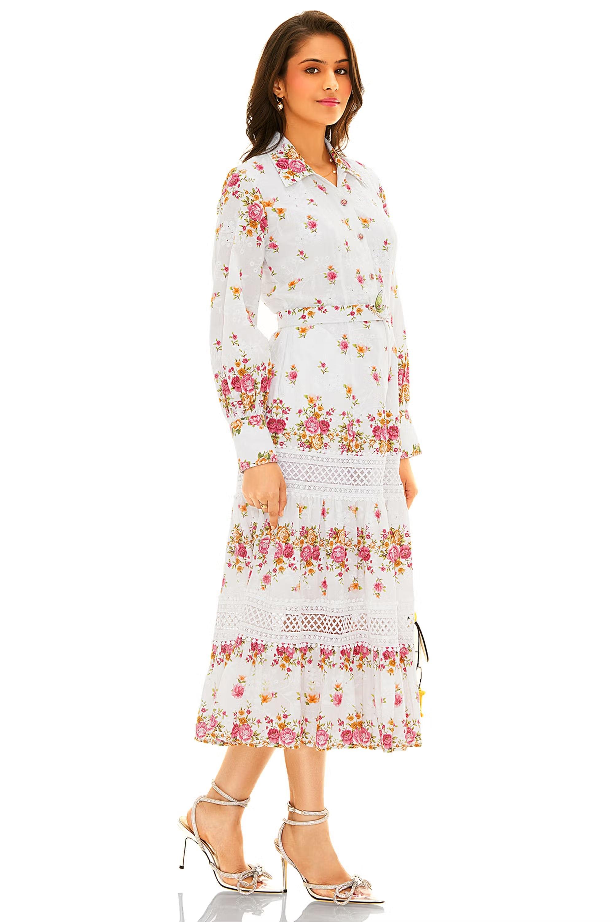 White floral lace tiered midi dress with long sleeves and belt, side view