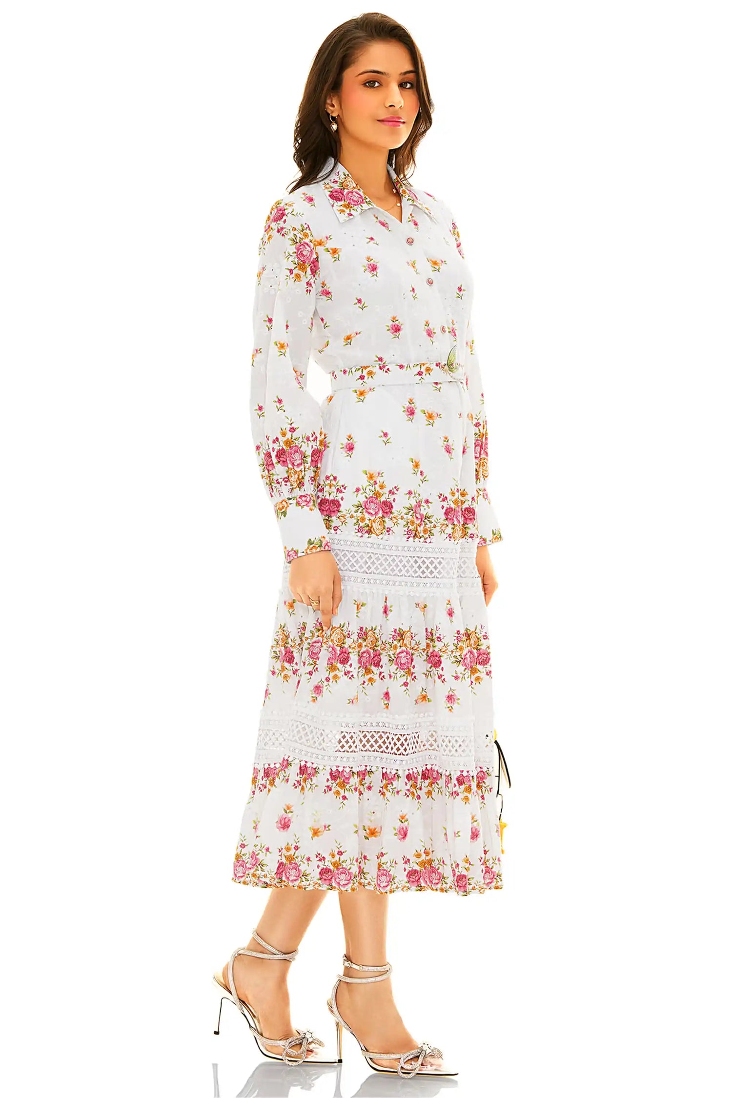 White floral lace tiered midi dress with long sleeves and elegant feminine design