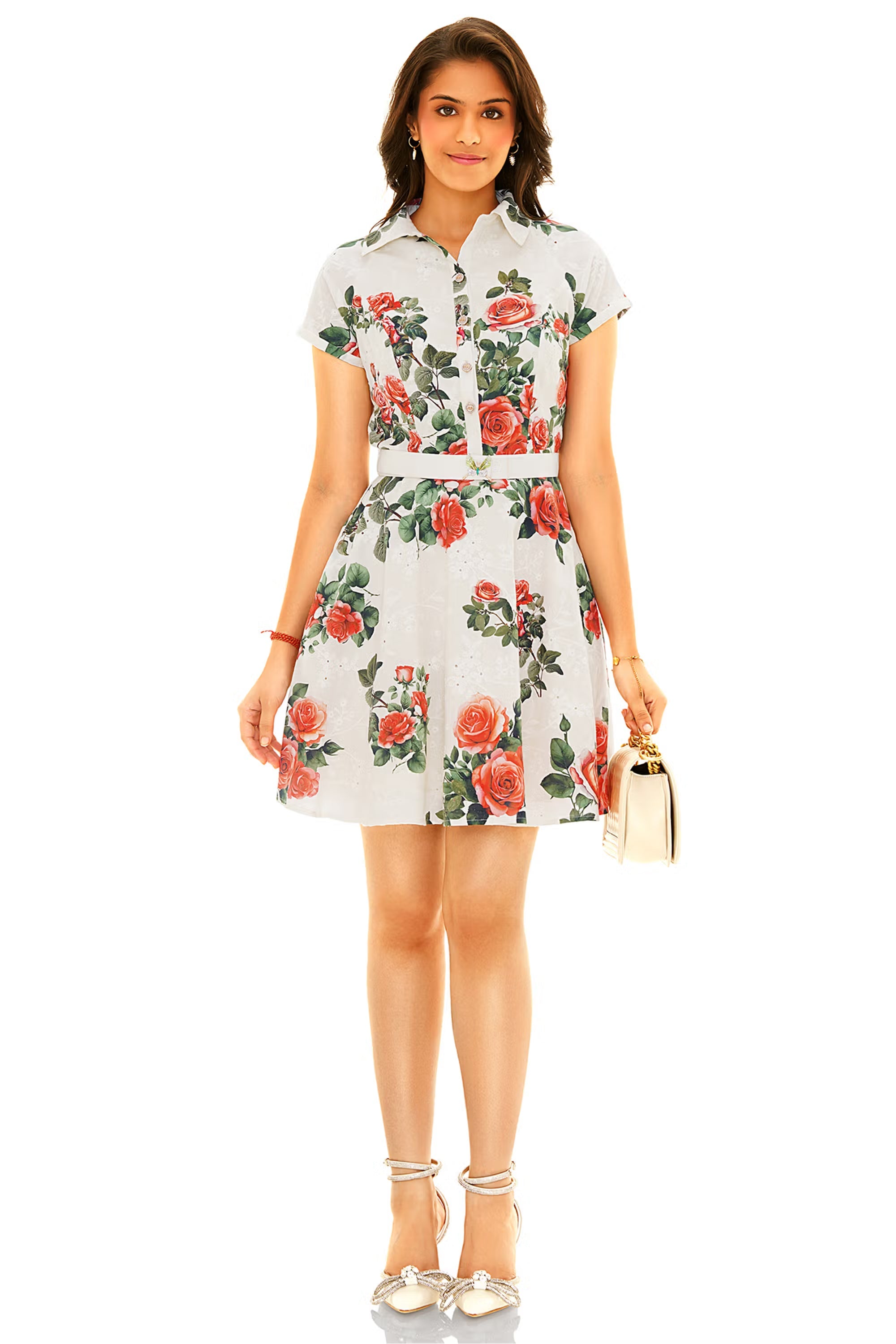 White floral shirt-style belted mini dress with short sleeves, front view