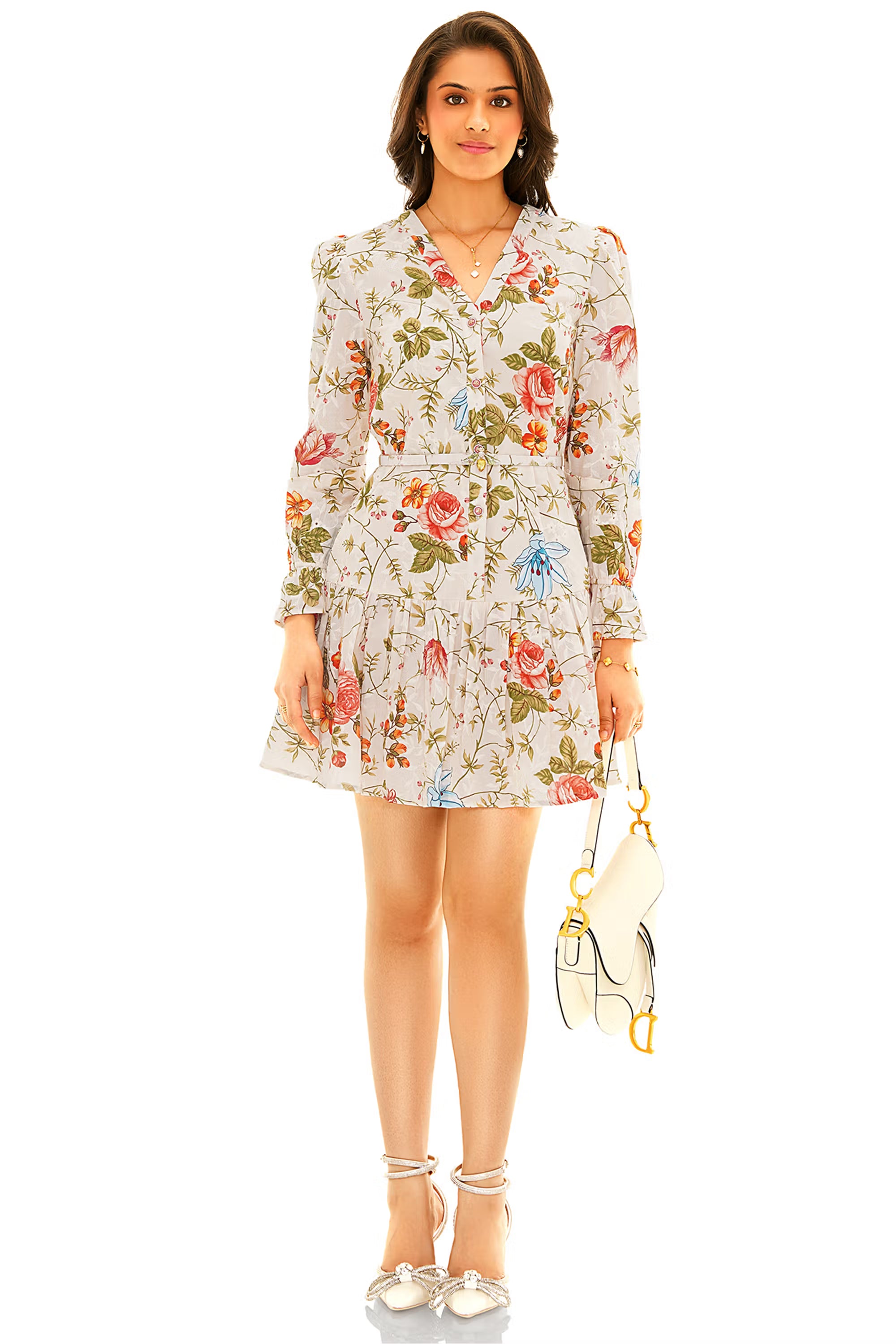 White floral V-neck long-sleeve tiered mini dress with fitted waist, front view