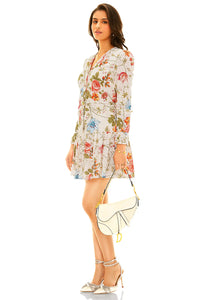 White floral v-neck tiered mini dress with long sleeves side view