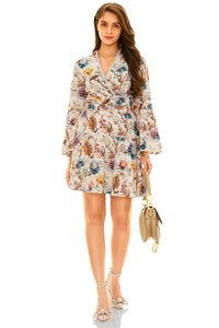 Pretty Pixie white floral wrap long sleeve mini dress front