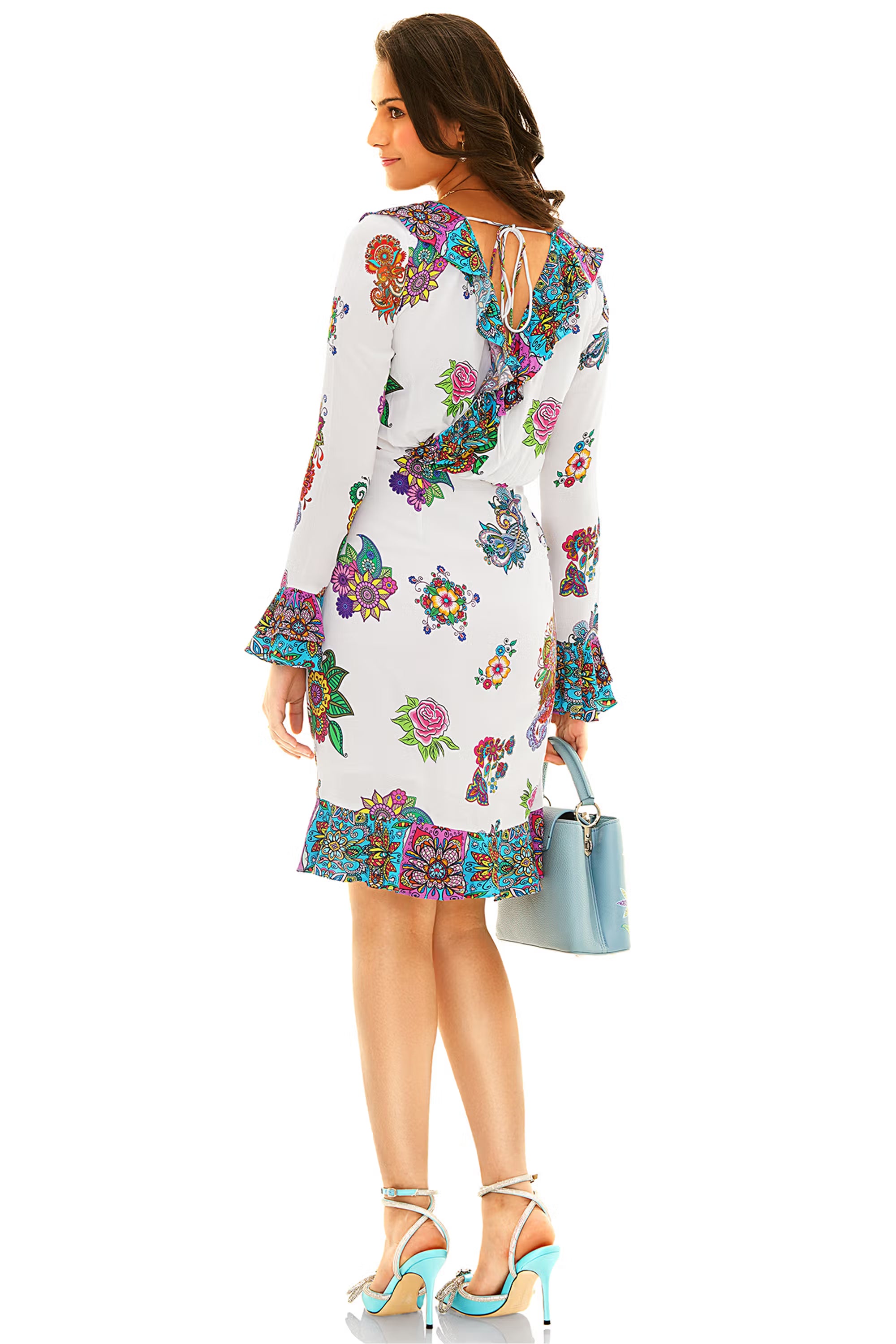 White floral wrap mini dress with long sleeves and ruffle hem, back