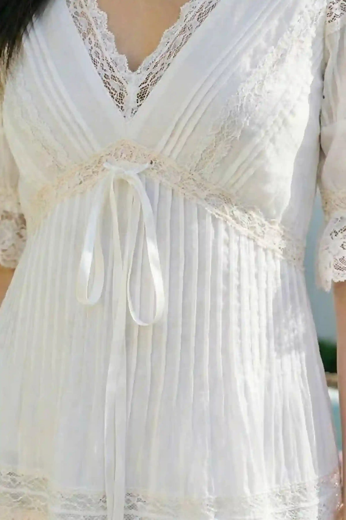 White Lace-Trim Pleated V-Neck Mini Dress | Pretty Pixie
