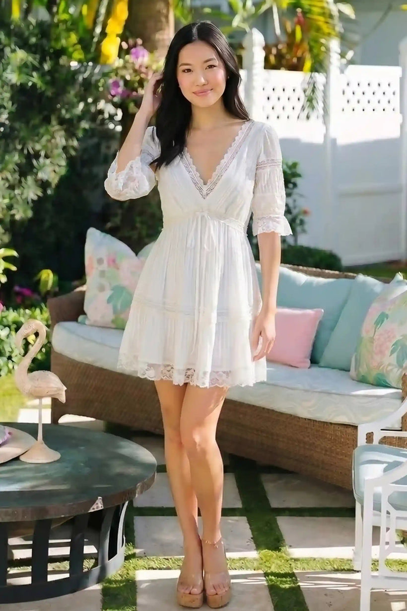 White Lace-Trim Pleated V-Neck Mini Dress | Pretty Pixie