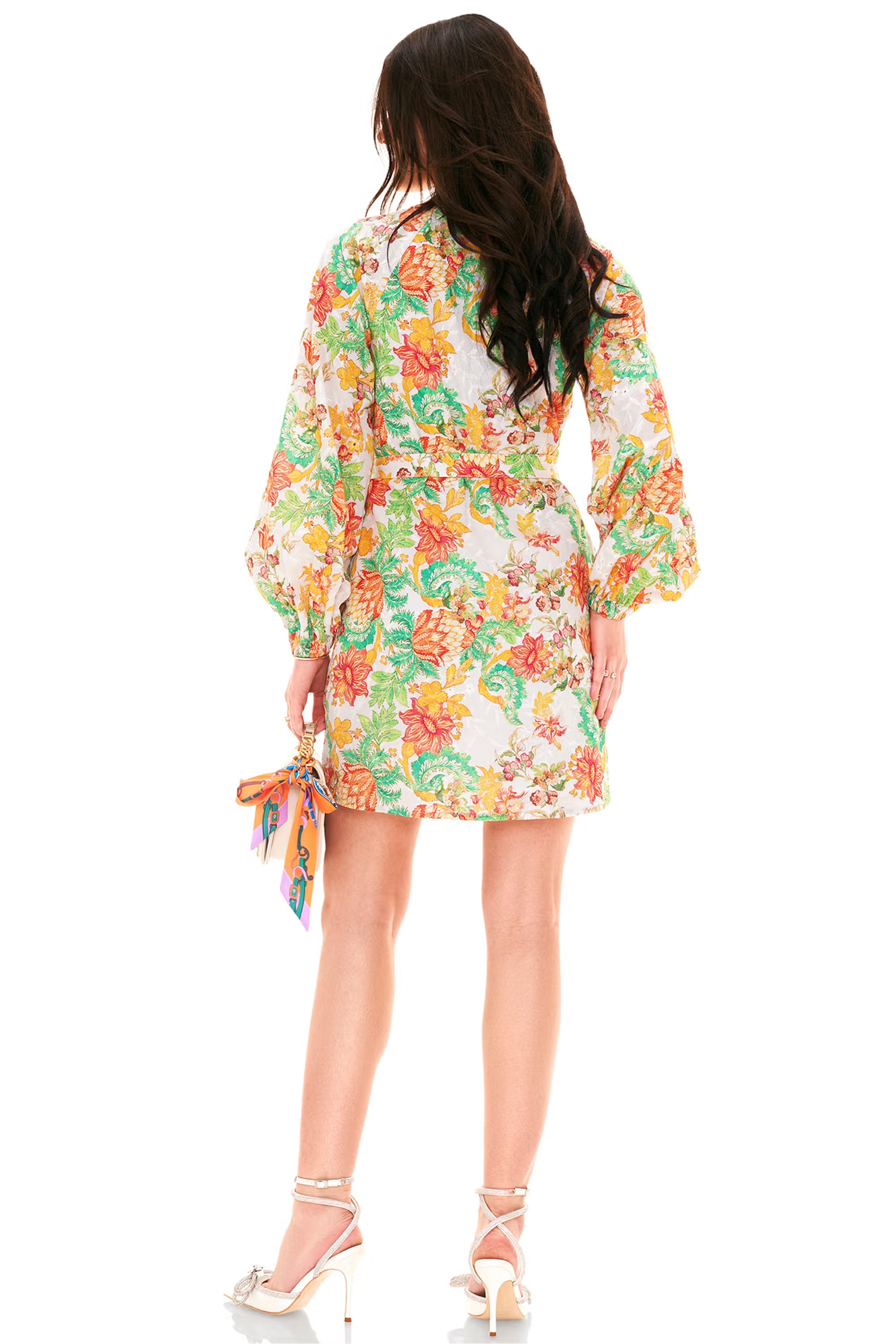White multicolor floral belted long-sleeve mini dress with round neck, back view