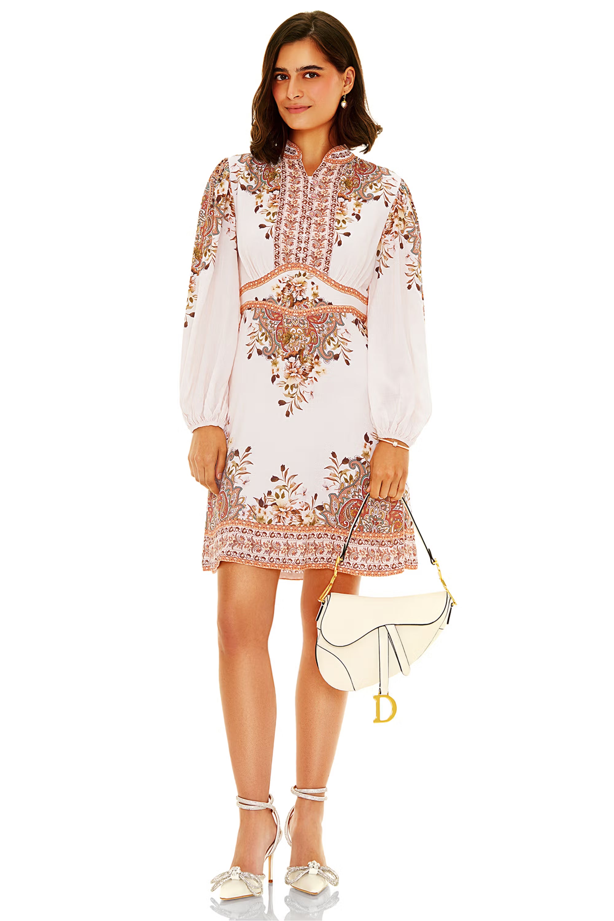 White printed long sleeve mini dress with ornate border, front view