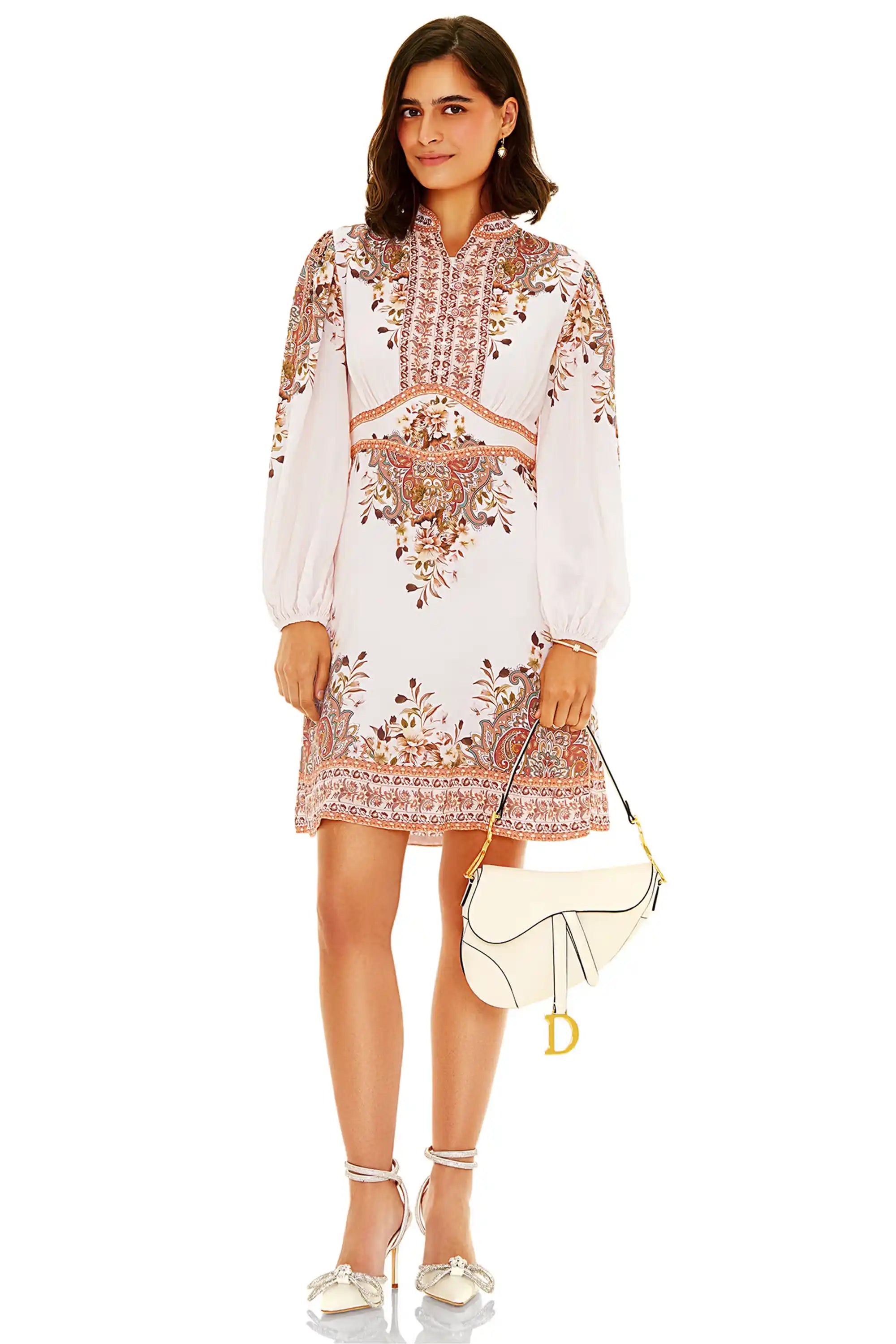 White printed long sleeve mini dress front view with floral patterns