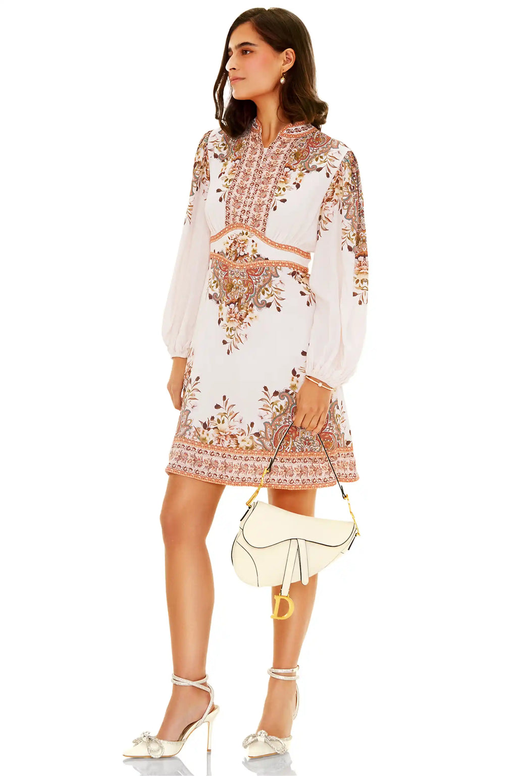 White printed mini dress side view with long sleeves and floral design