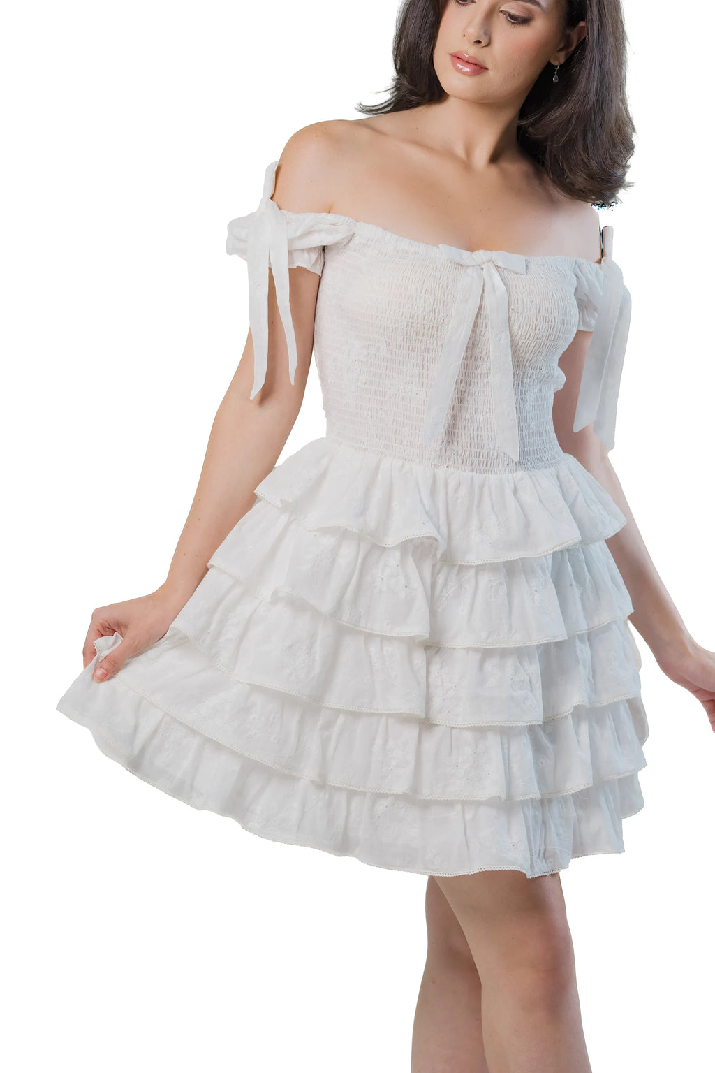 Tiered skirt and lace detail close-up, white smocked mini dress