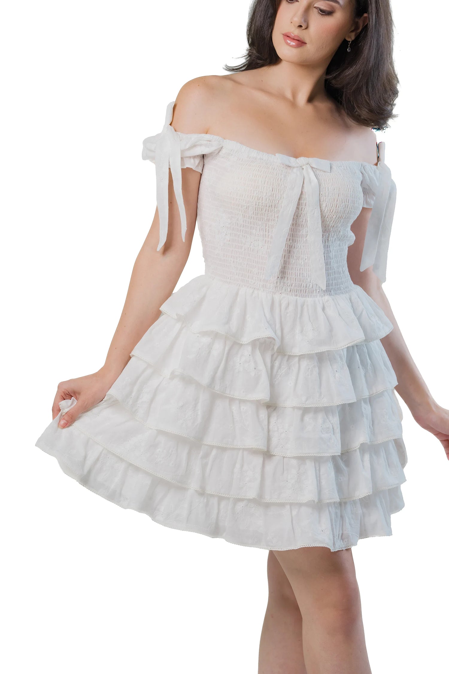 Tiered skirt and lace detail close-up, white smocked mini dress