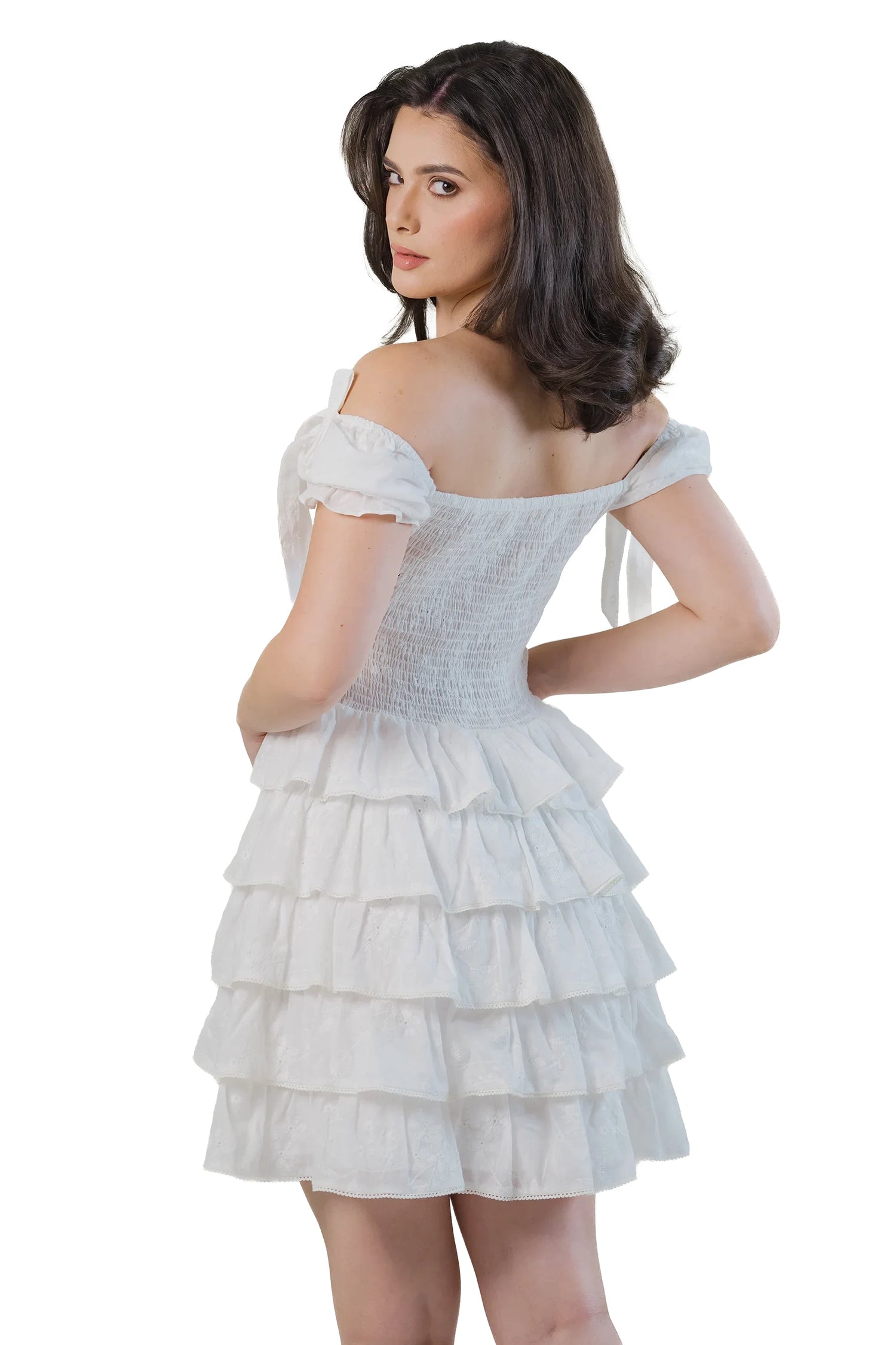 white tiered mini dress, off shoulder, smocked back