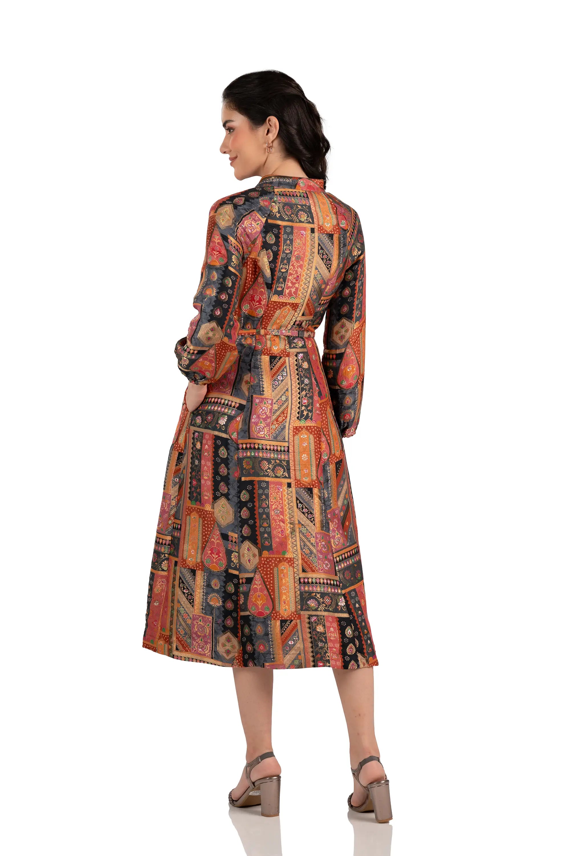 Back view of charcoal boho patchwork midi dress with belted waist