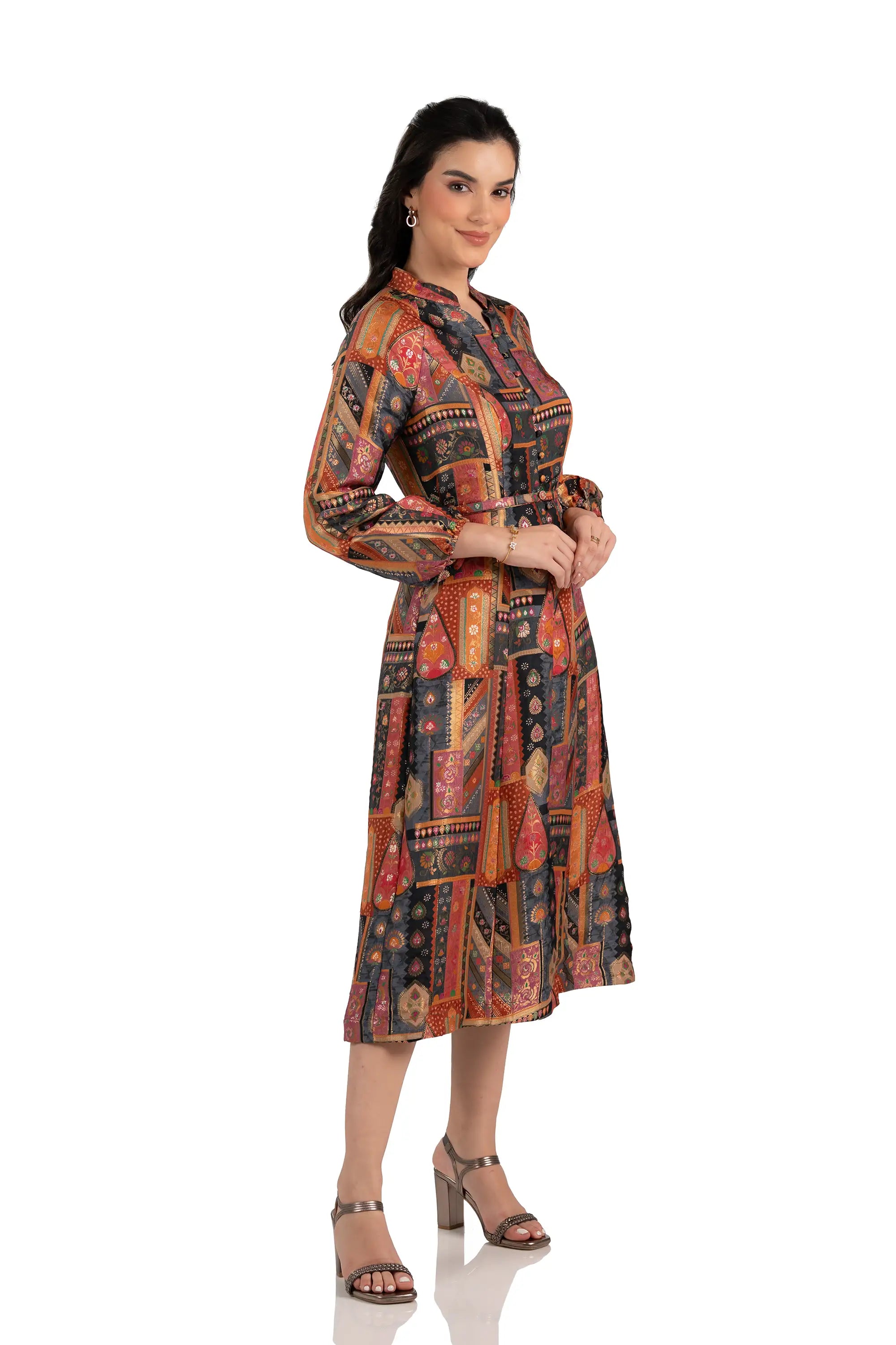 Three-quarter view of charcoal boho patchwork belted midi dress