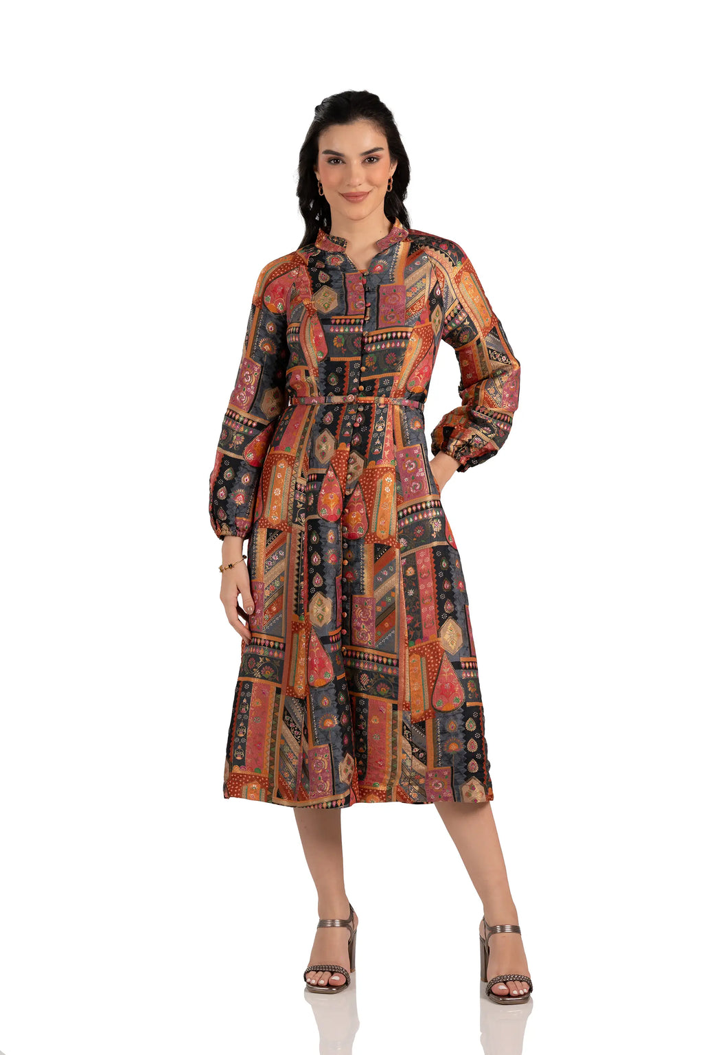 Front view: charcoal boho patchwork midi dress, button front and belt