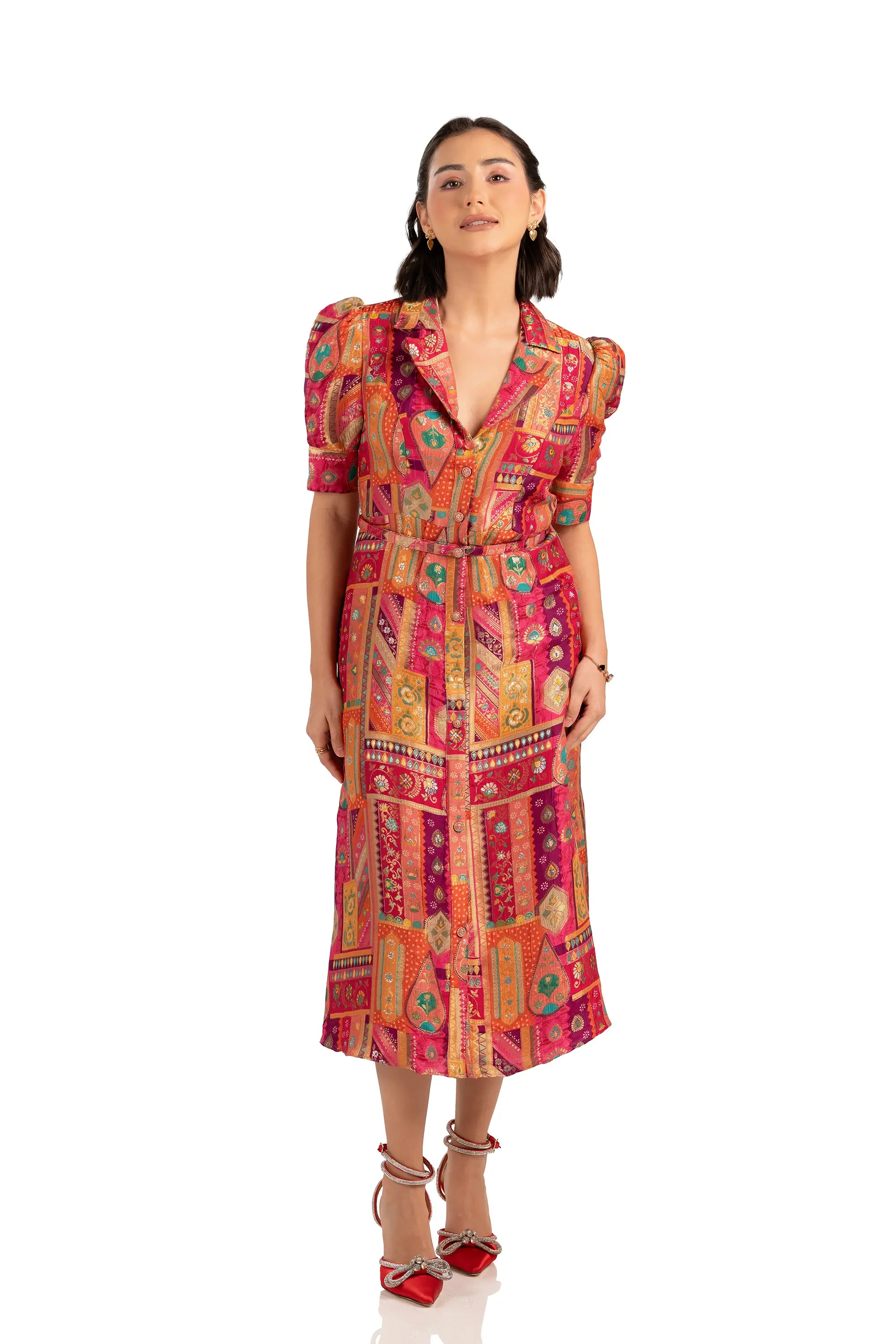 Front view: belted fuchsia patchwork midi shirt dress with button front