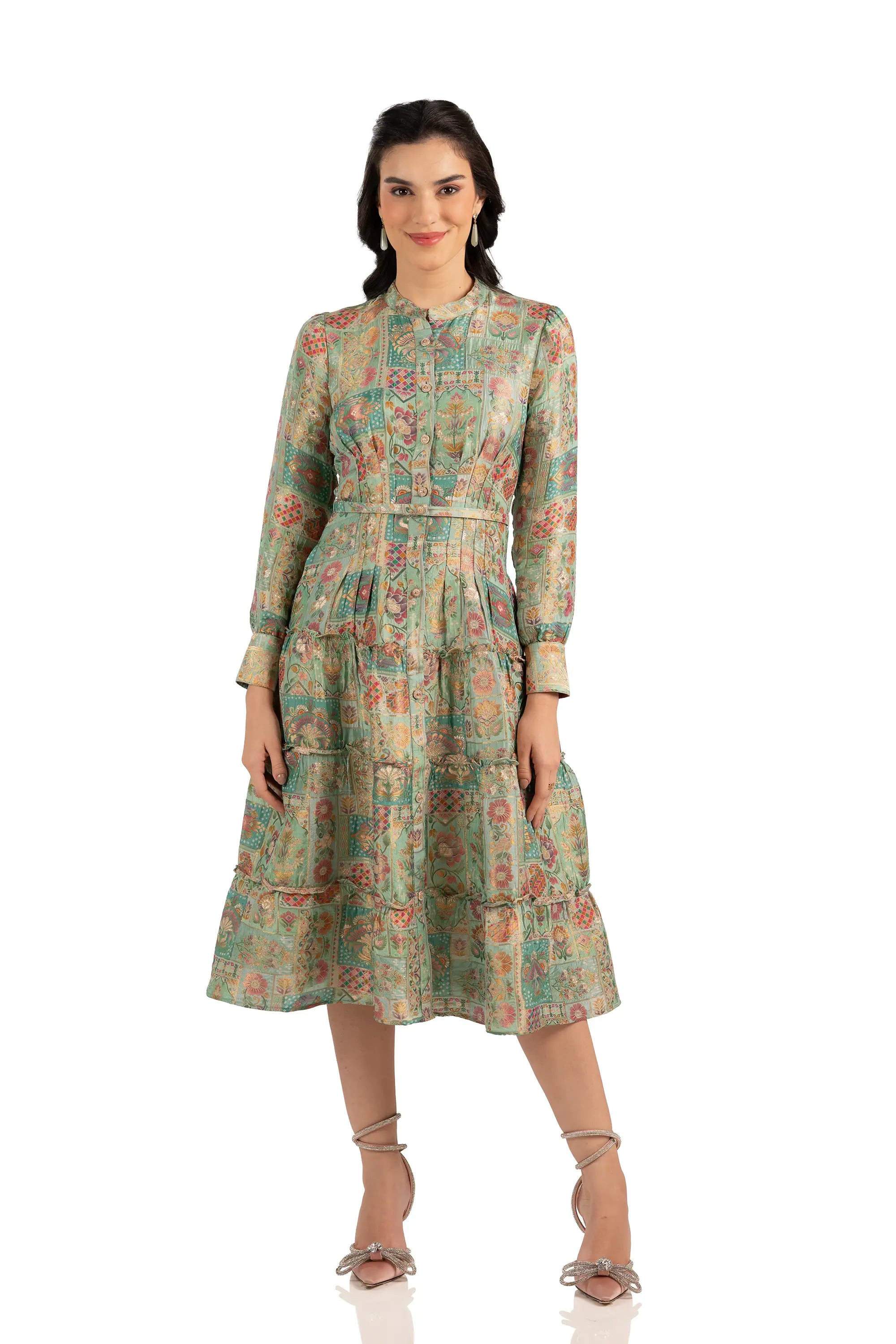 Front view: mint patchwork midi dress, long sleeves, button front, belted