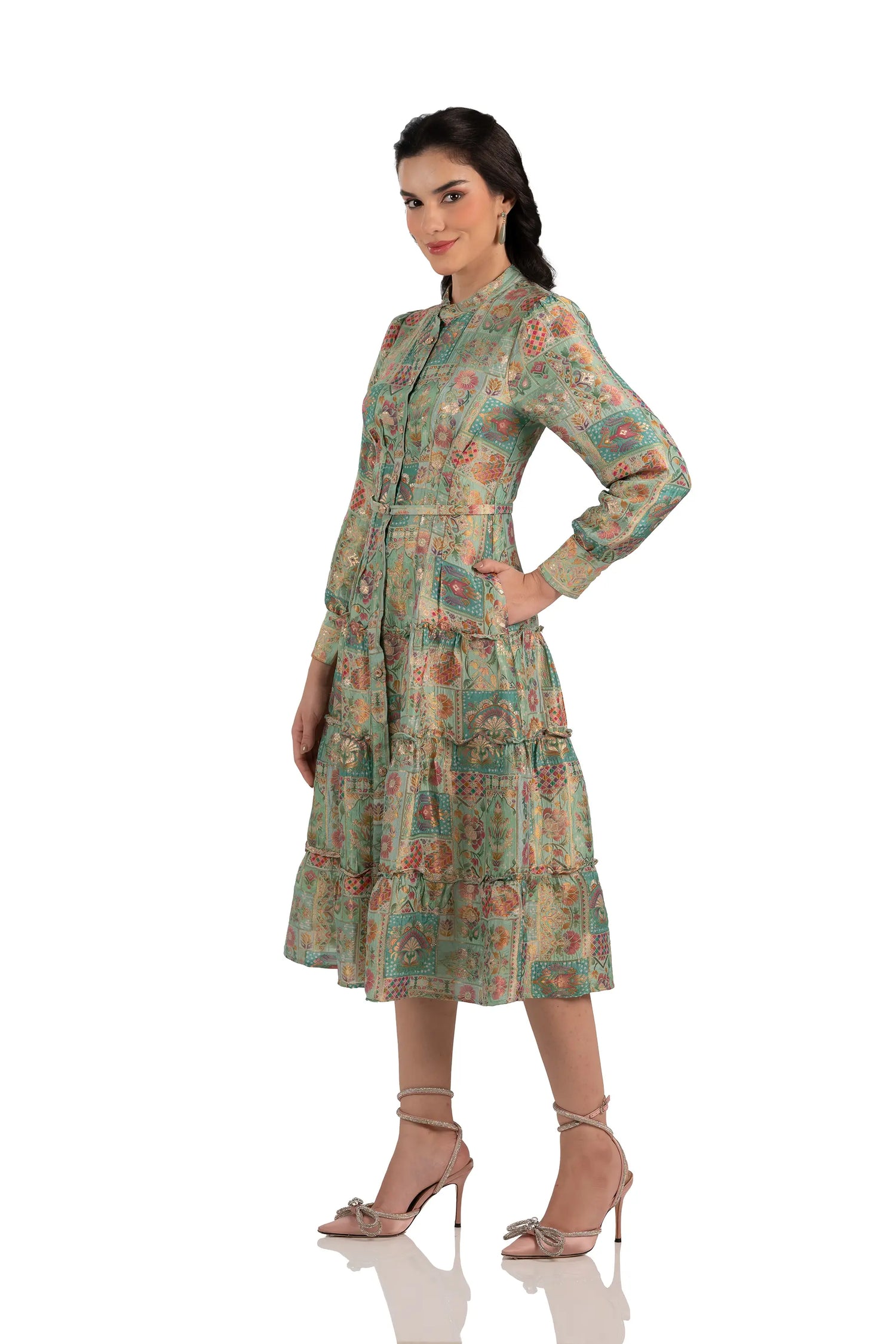 Side view of mint patchwork long-sleeve midi dress with pockets and belt