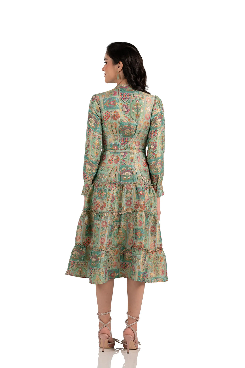 Back view of mint patchwork long-sleeve tiered midi dress with belt