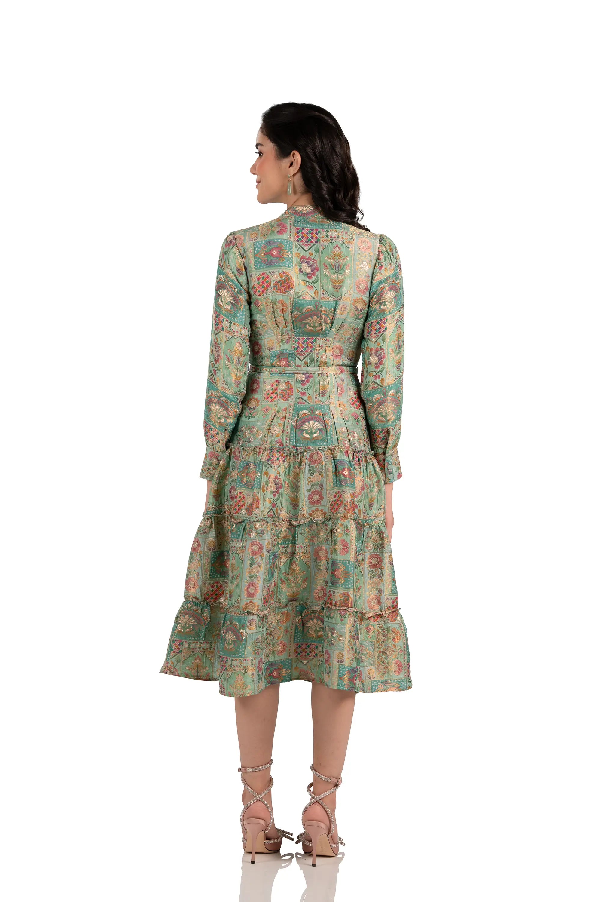 Back view of mint patchwork long-sleeve tiered midi dress with belt