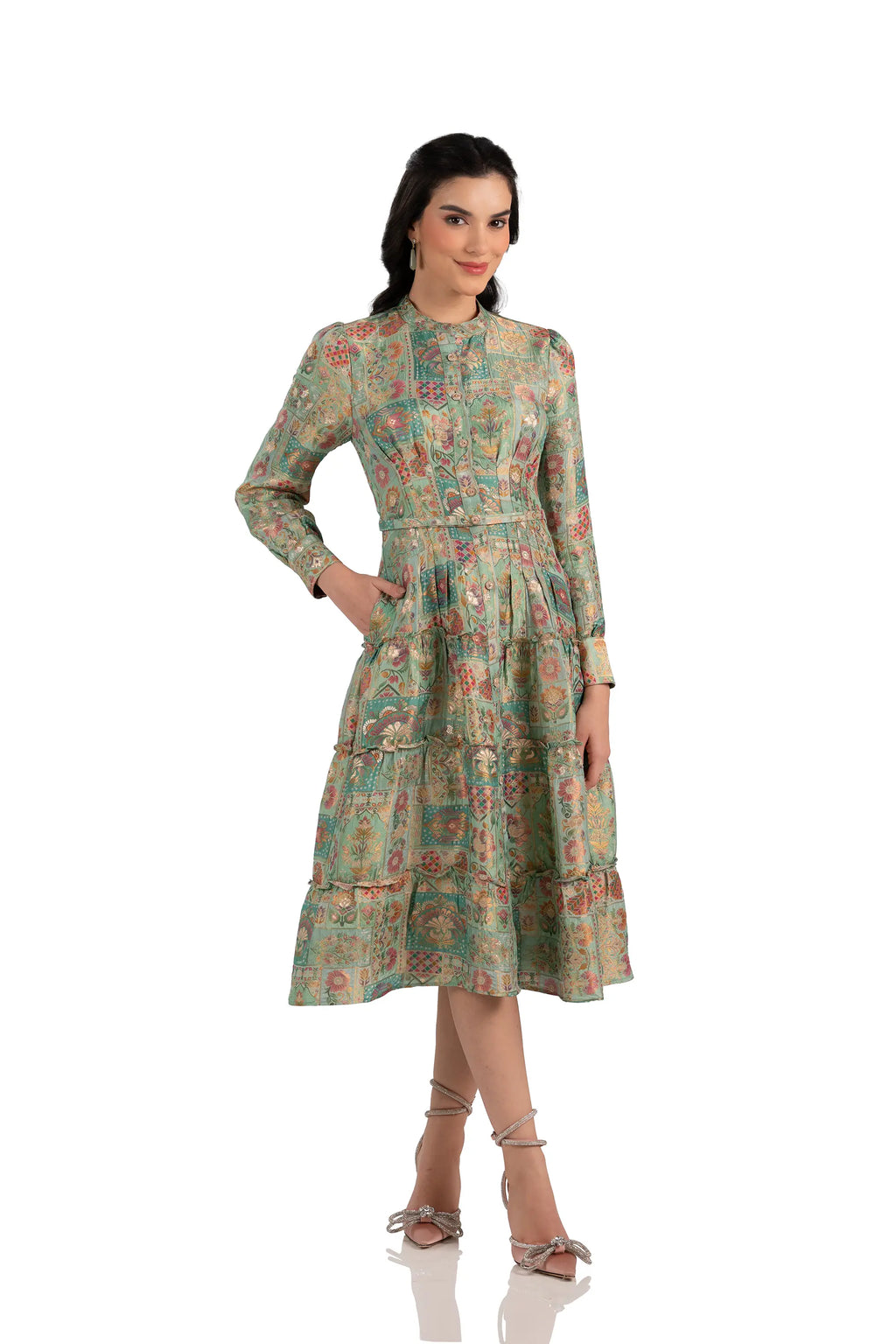 women wearing mint patchwork midi dress with belt and pockets