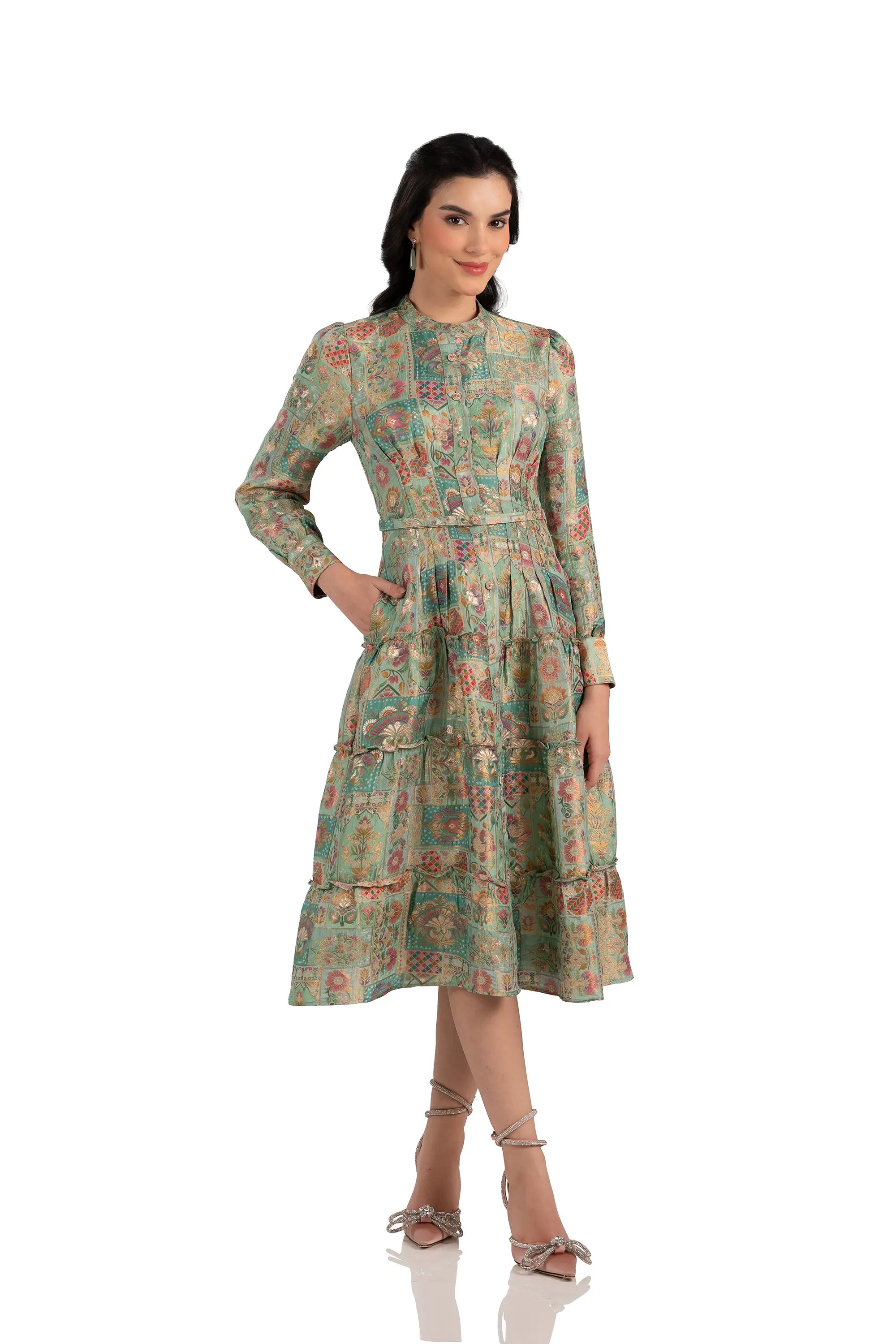women wearing mint patchwork midi dress with belt and pockets