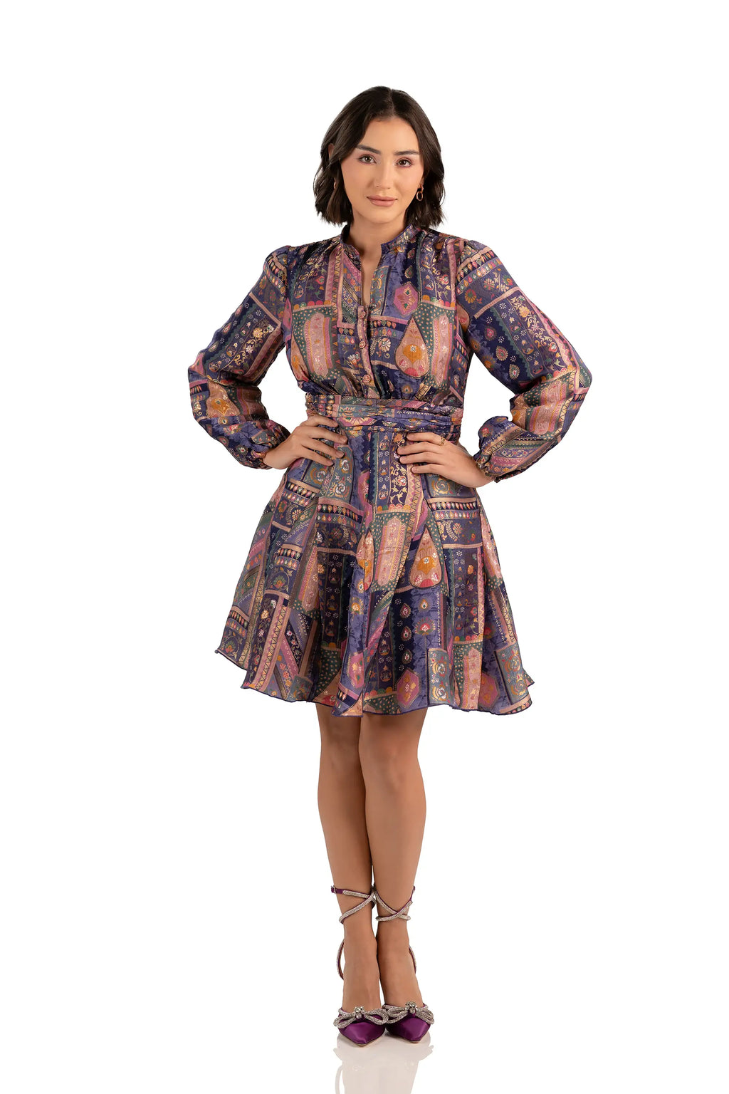 Front view: belted navy boho patchwork mini dress with long sleeves and ruffle hem
